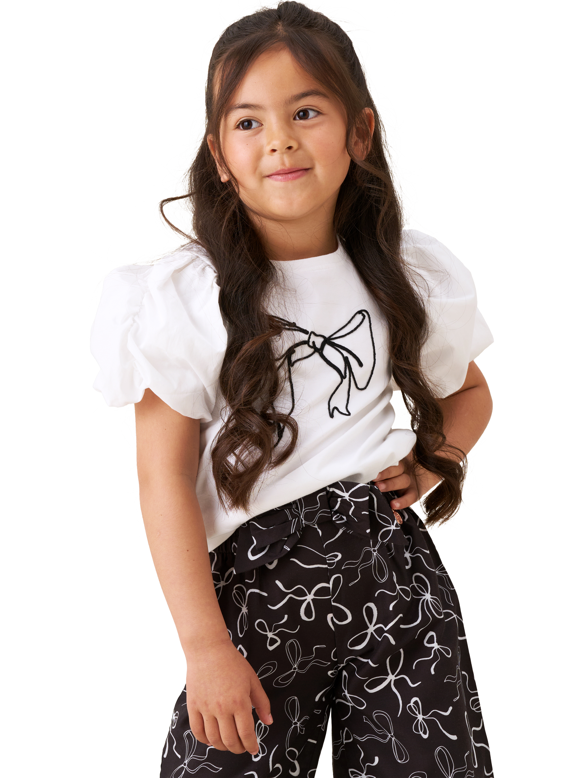 Product image 2 of 7, which shows Angel & Rocket Kids' Cotton Puff Sleeve Bow T-Shirt, White, 3-4 years
