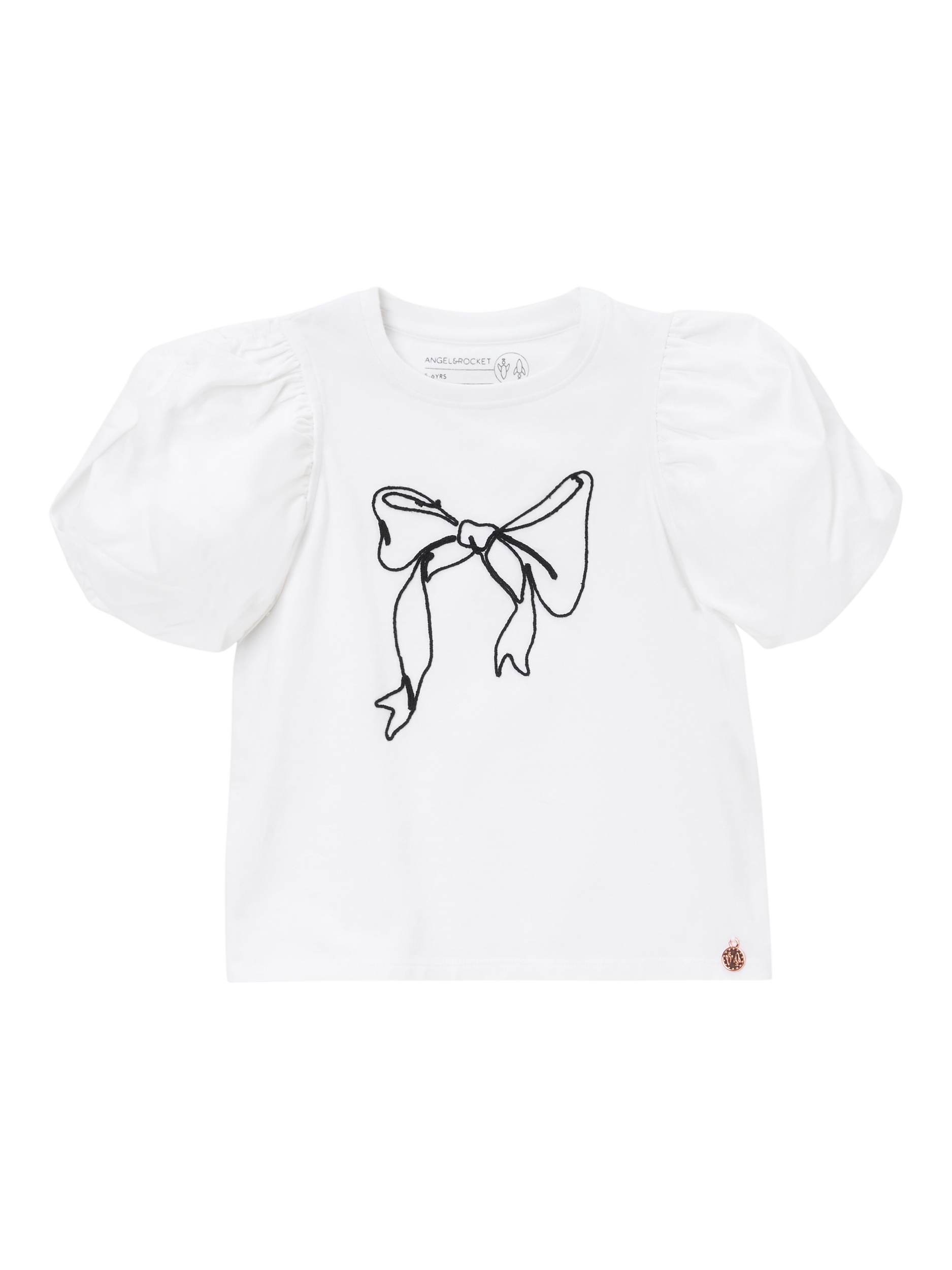 Product image 7 of 7, which shows Angel & Rocket Kids' Cotton Puff Sleeve Bow T-Shirt, White, 3-4 years