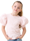 Angel & Rocket Kids' Rib Cotton Puff Sleeve Heart T-Shirt, Pink