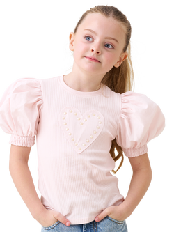 Angel & Rocket Kids' Rib Cotton Puff Sleeve Heart T-Shirt, Pink, Pink