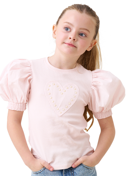 Angel & Rocket Kids' Rib Cotton Puff Sleeve Heart T-Shirt, Pink, Pink