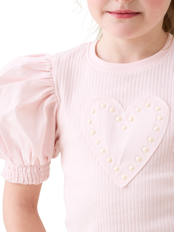 Angel & Rocket Kids' Rib Cotton Puff Sleeve Heart T-Shirt, Pink - view 2, Pink