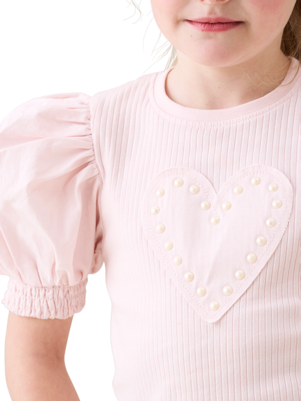 Angel & Rocket Kids' Rib Cotton Puff Sleeve Heart T-Shirt, Pink - view 2, Pink