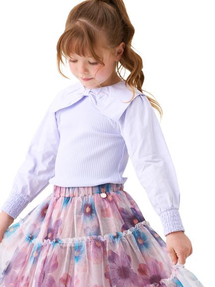 Angel & Rocket Kids' Cotton Long Sleeved Bow Collar Top, Purple, Purple