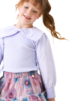 Angel & Rocket Kids' Cotton Long Sleeved Bow Collar Top, Purple - view 2, Purple