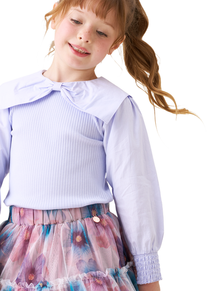 Angel & Rocket Kids' Cotton Long Sleeved Bow Collar Top, Purple - view 2, Purple