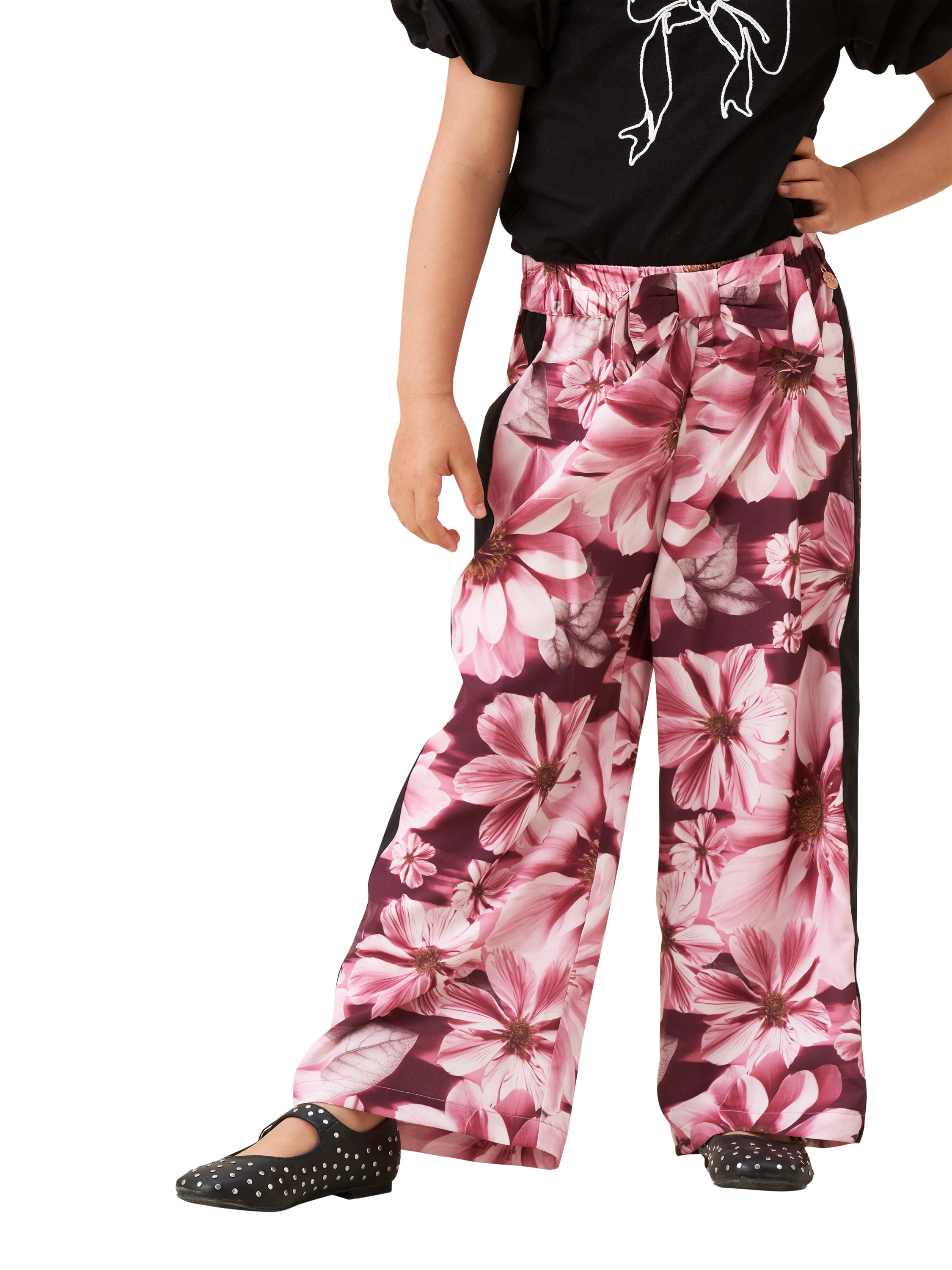 Product image 1 of 7, which shows Angel & Rocket Kids' Floral and Stripe Print Wide Leg Trousers, Pink/Multi, 3 years