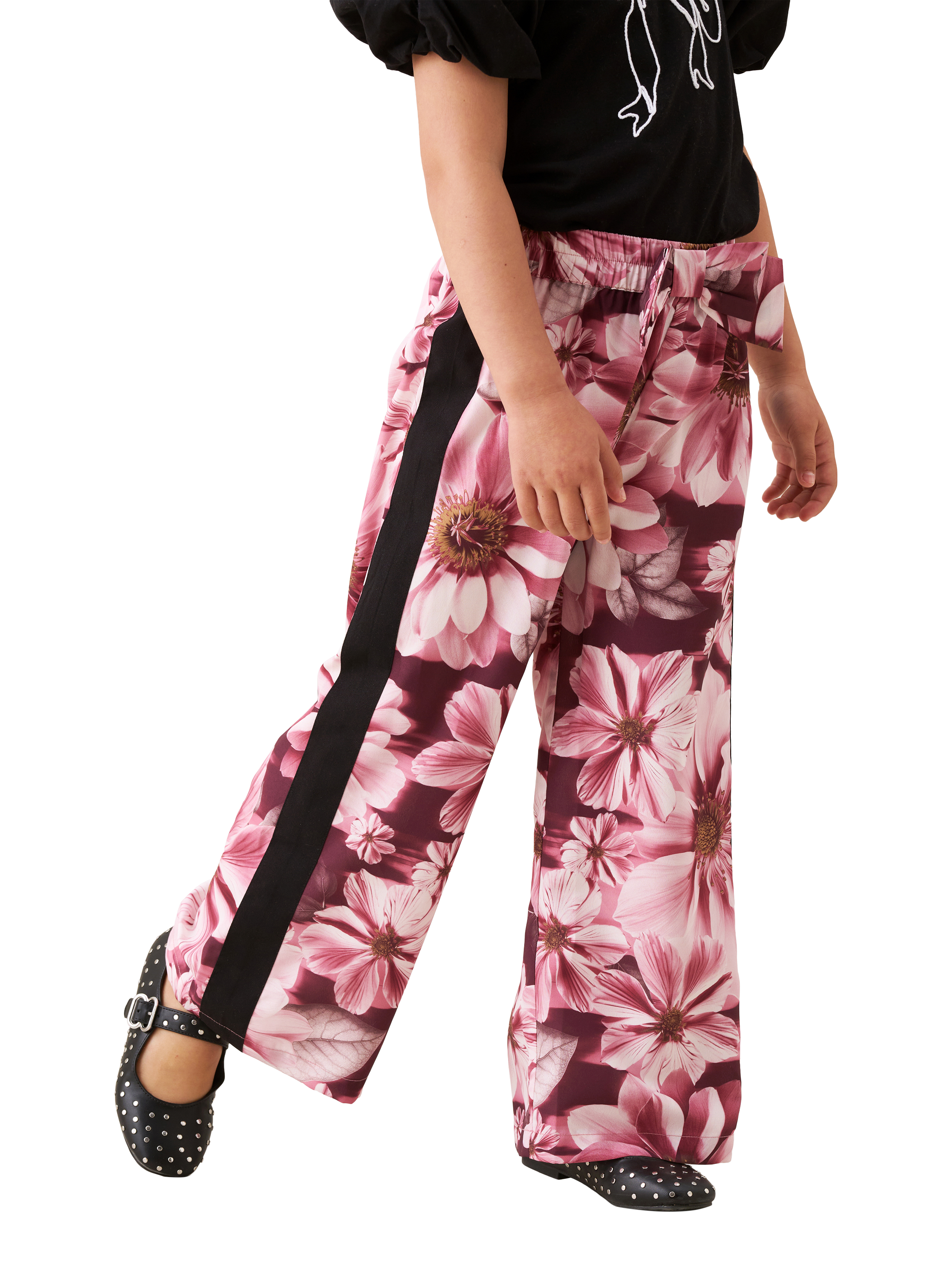 Product image 2 of 7, which shows Angel & Rocket Kids' Floral and Stripe Print Wide Leg Trousers, Pink/Multi, 3 years