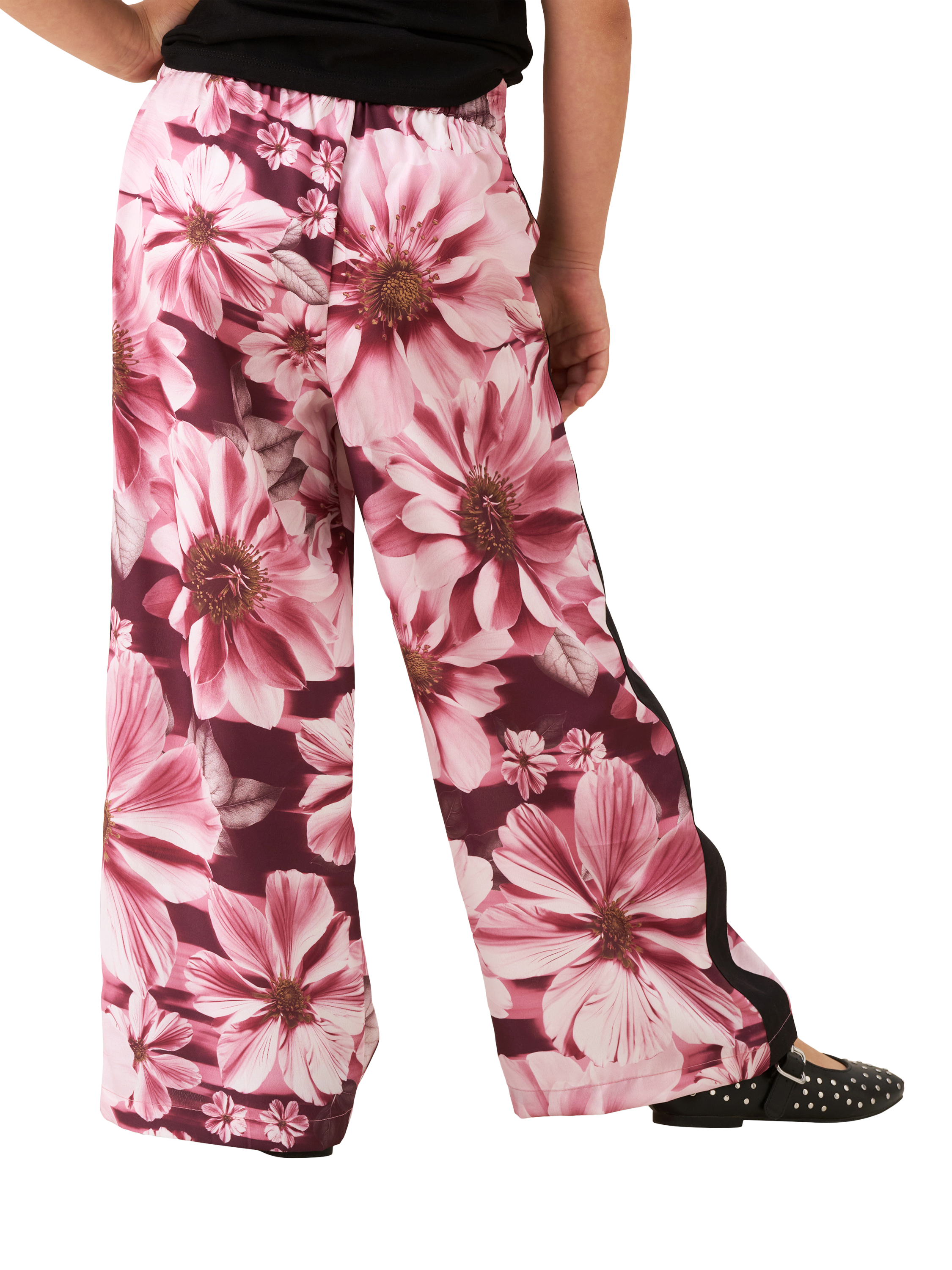 Product image 3 of 7, which shows Angel & Rocket Kids' Floral and Stripe Print Wide Leg Trousers, Pink/Multi, 3 years