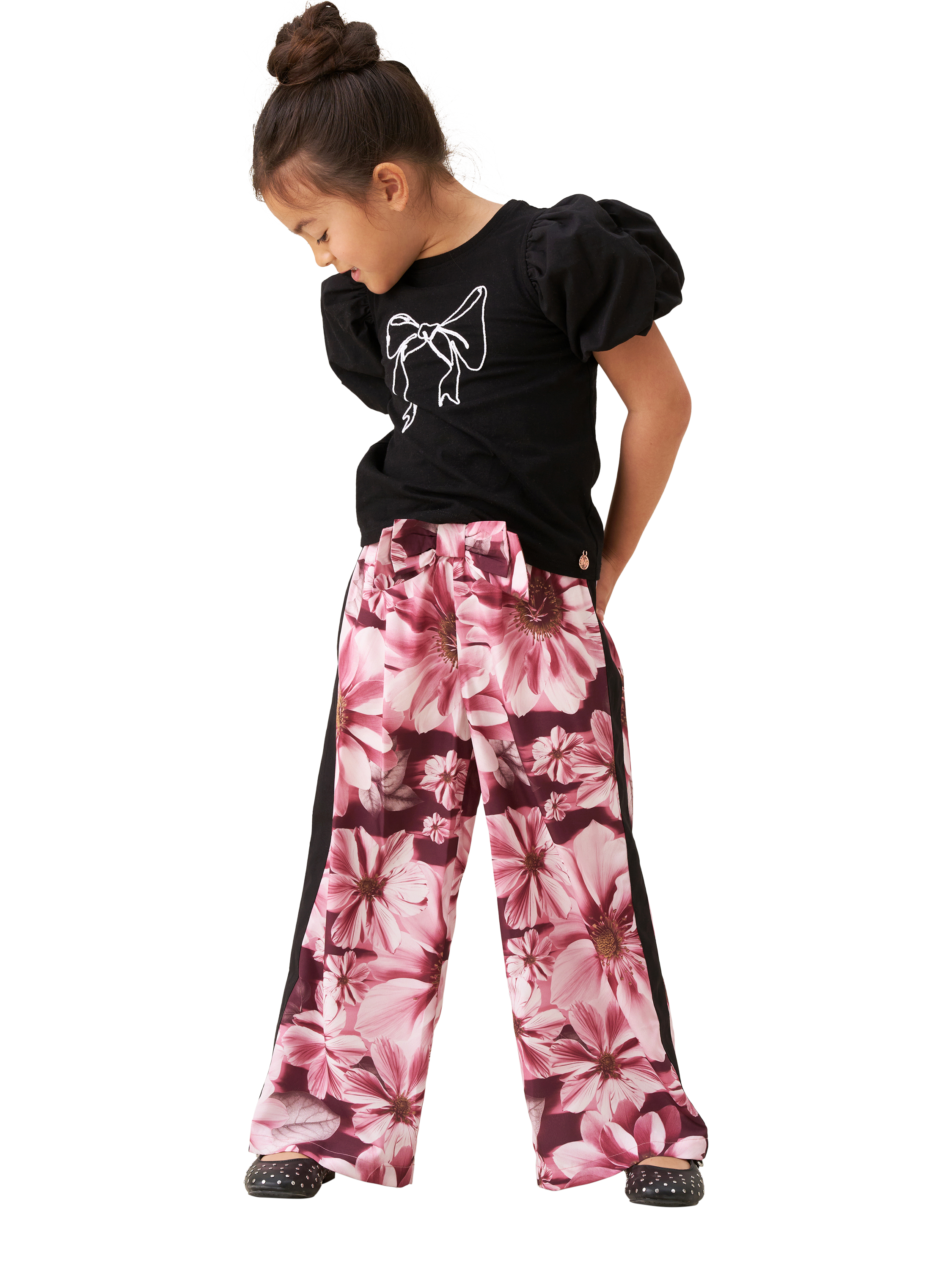 Product image 4 of 7, which shows Angel & Rocket Kids' Floral and Stripe Print Wide Leg Trousers, Pink/Multi, 3 years
