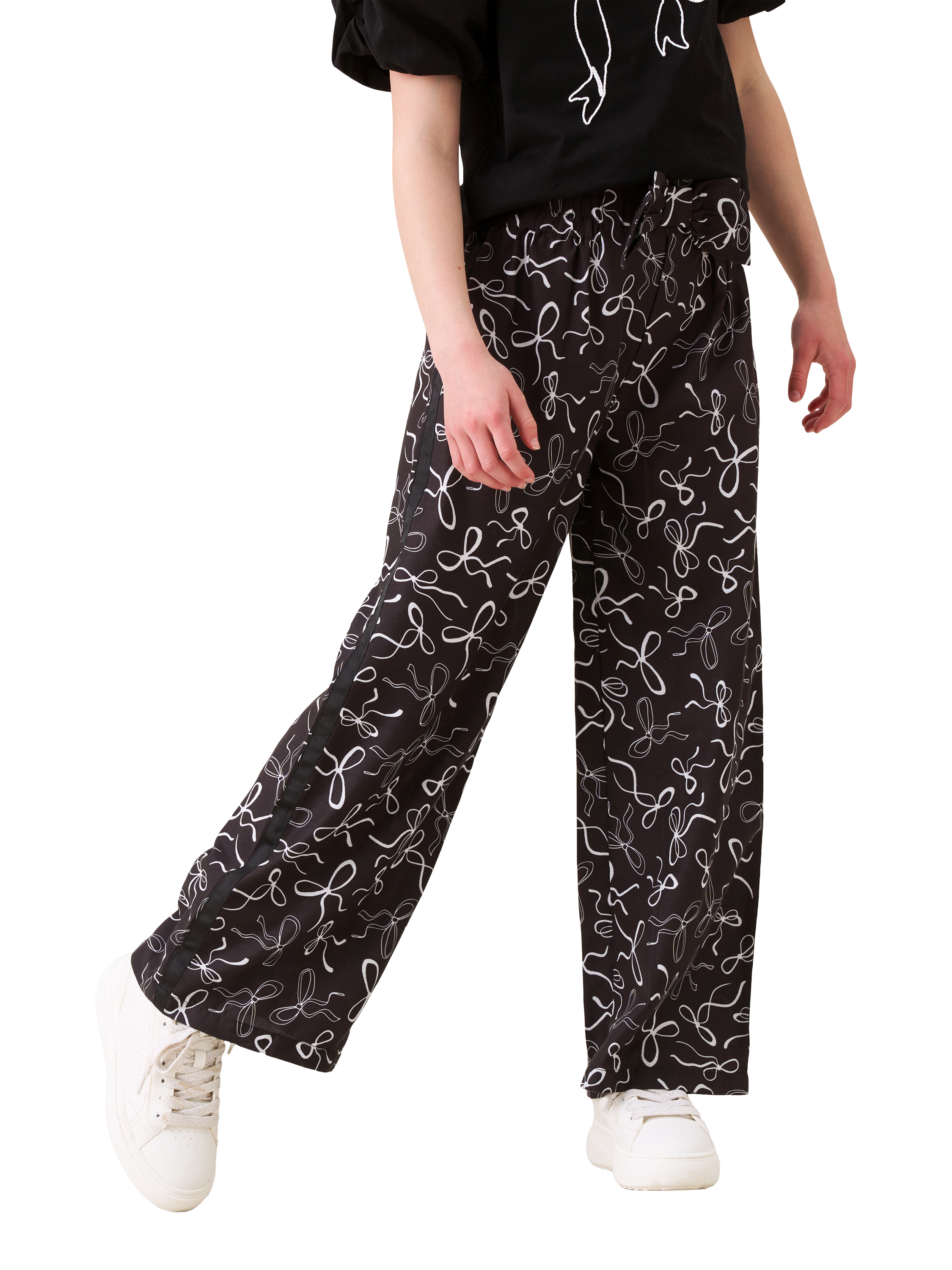 Product image 1 of 7, which shows Angel & Rocket Kids' Bow Print Wide Leg Trousers, Black, 3 years