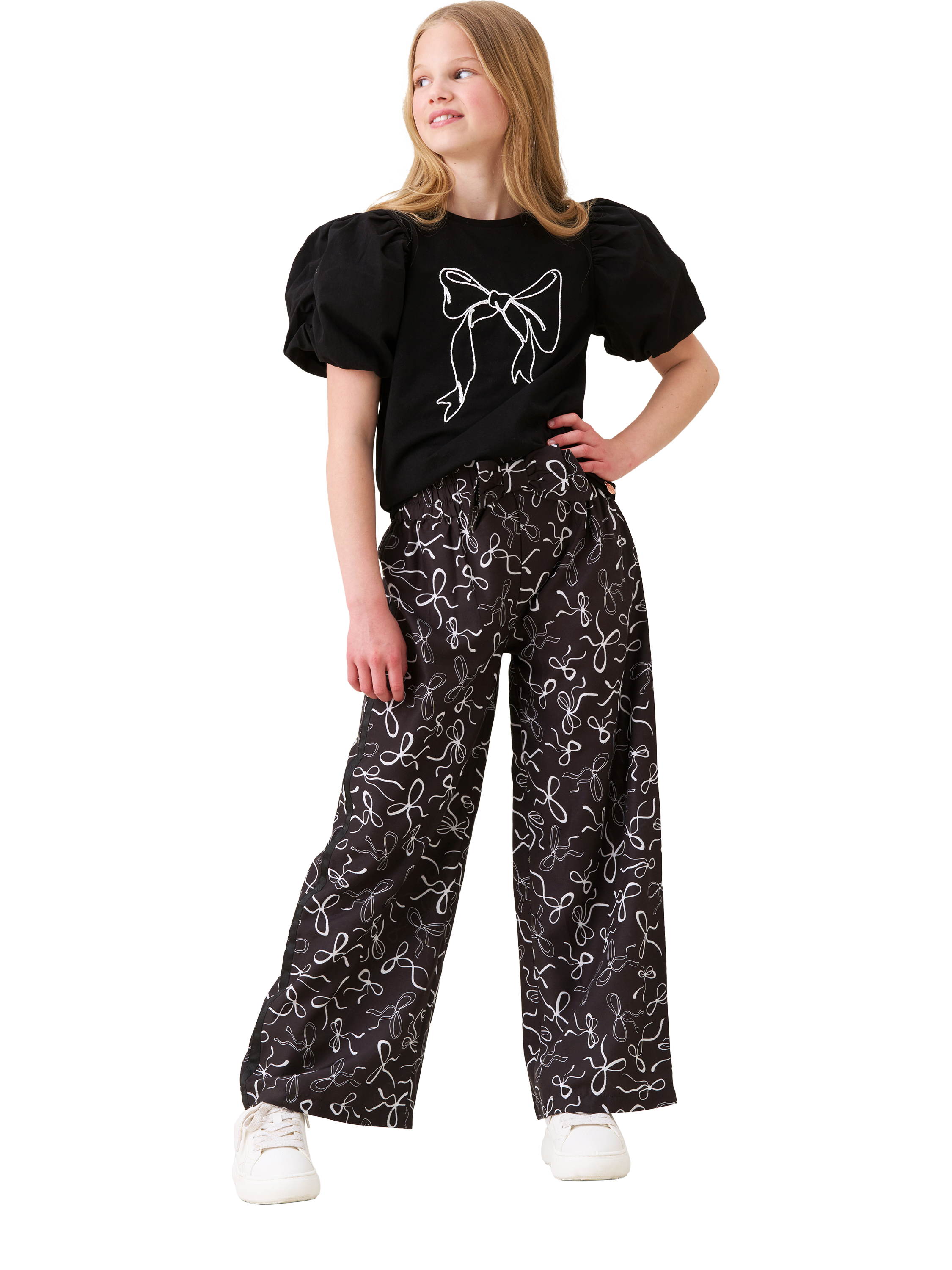 Product image 3 of 7, which shows Angel & Rocket Kids' Bow Print Wide Leg Trousers, Black, 3 years