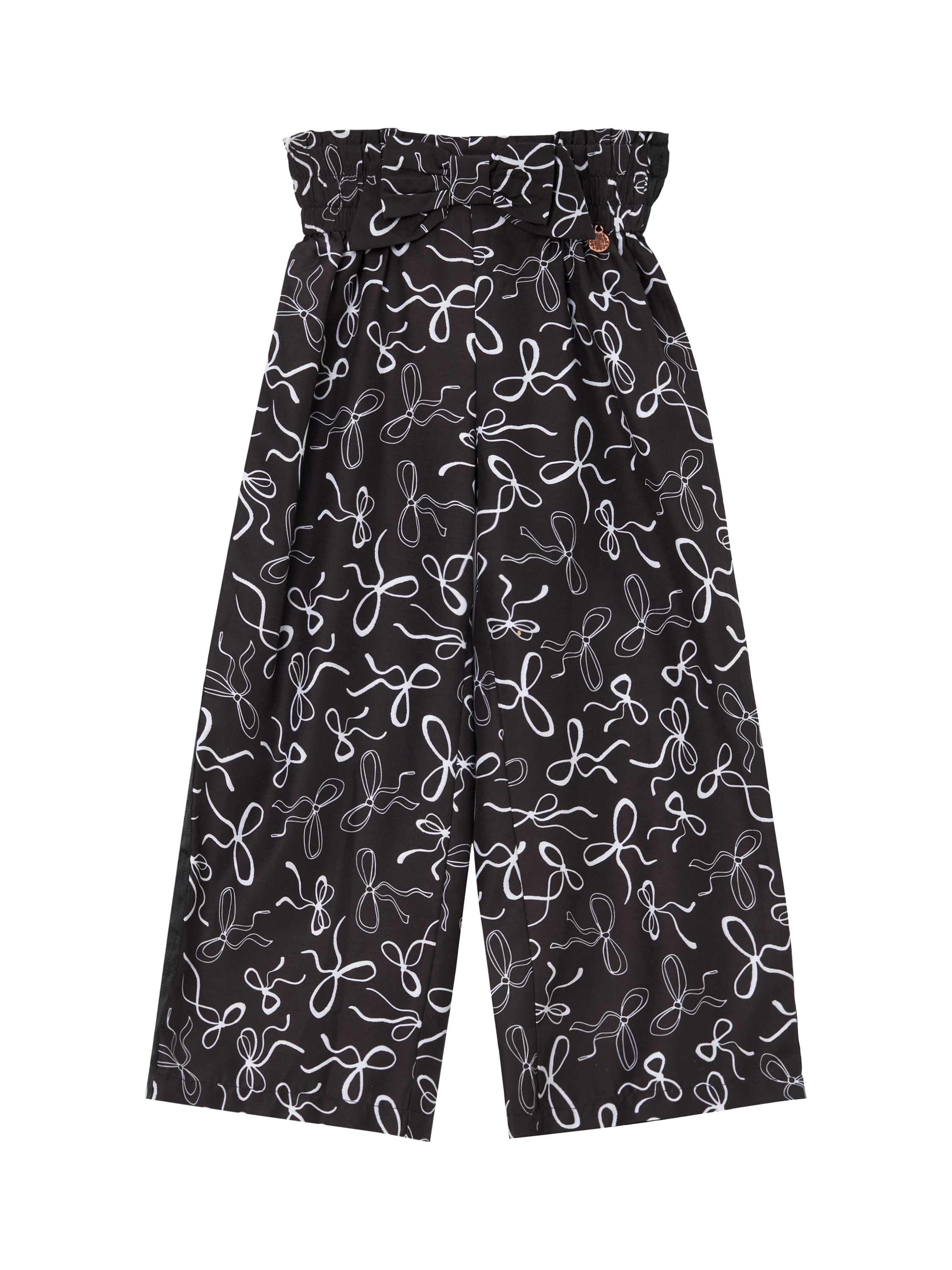 Product image 5 of 7, which shows Angel & Rocket Kids' Bow Print Wide Leg Trousers, Black, 3 years