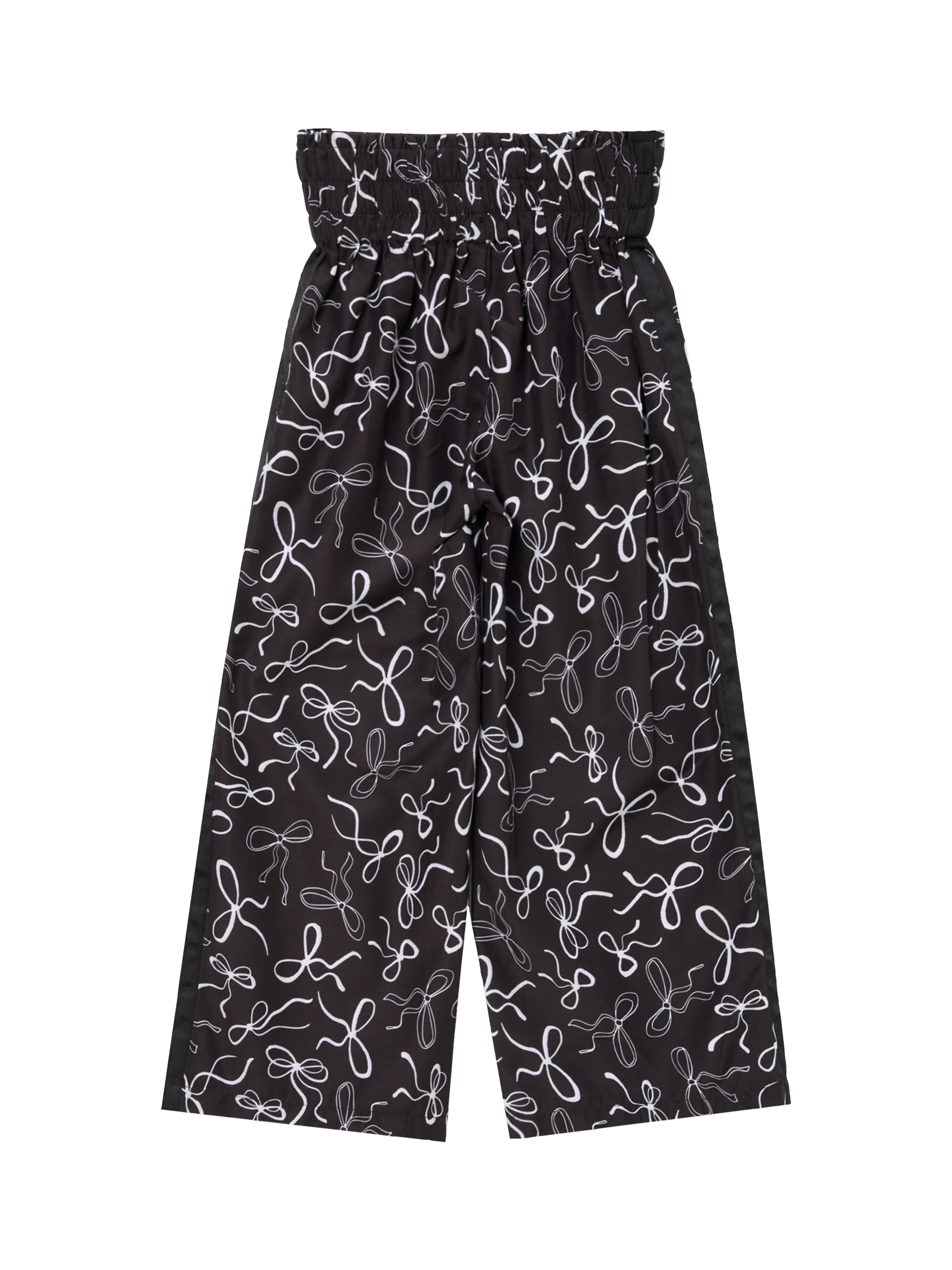 Product image 6 of 7, which shows Angel & Rocket Kids' Bow Print Wide Leg Trousers, Black, 3 years