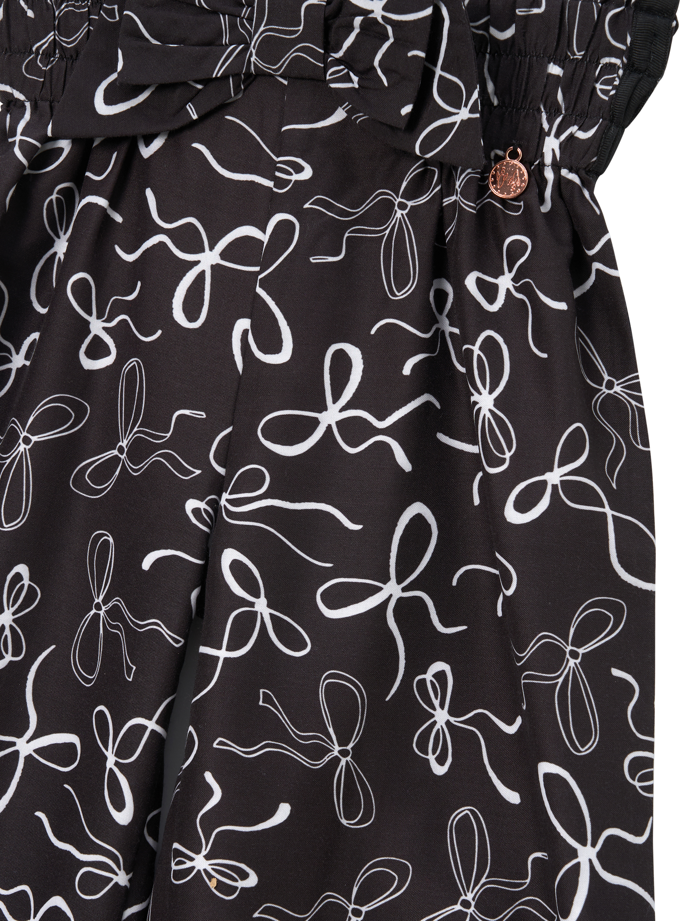 Product image 7 of 7, which shows Angel & Rocket Kids' Bow Print Wide Leg Trousers, Black, 3 years