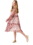 Angel & Rocket Kids' Mesh Long Sleeved Frill Tiered Floral Dress, Pink
