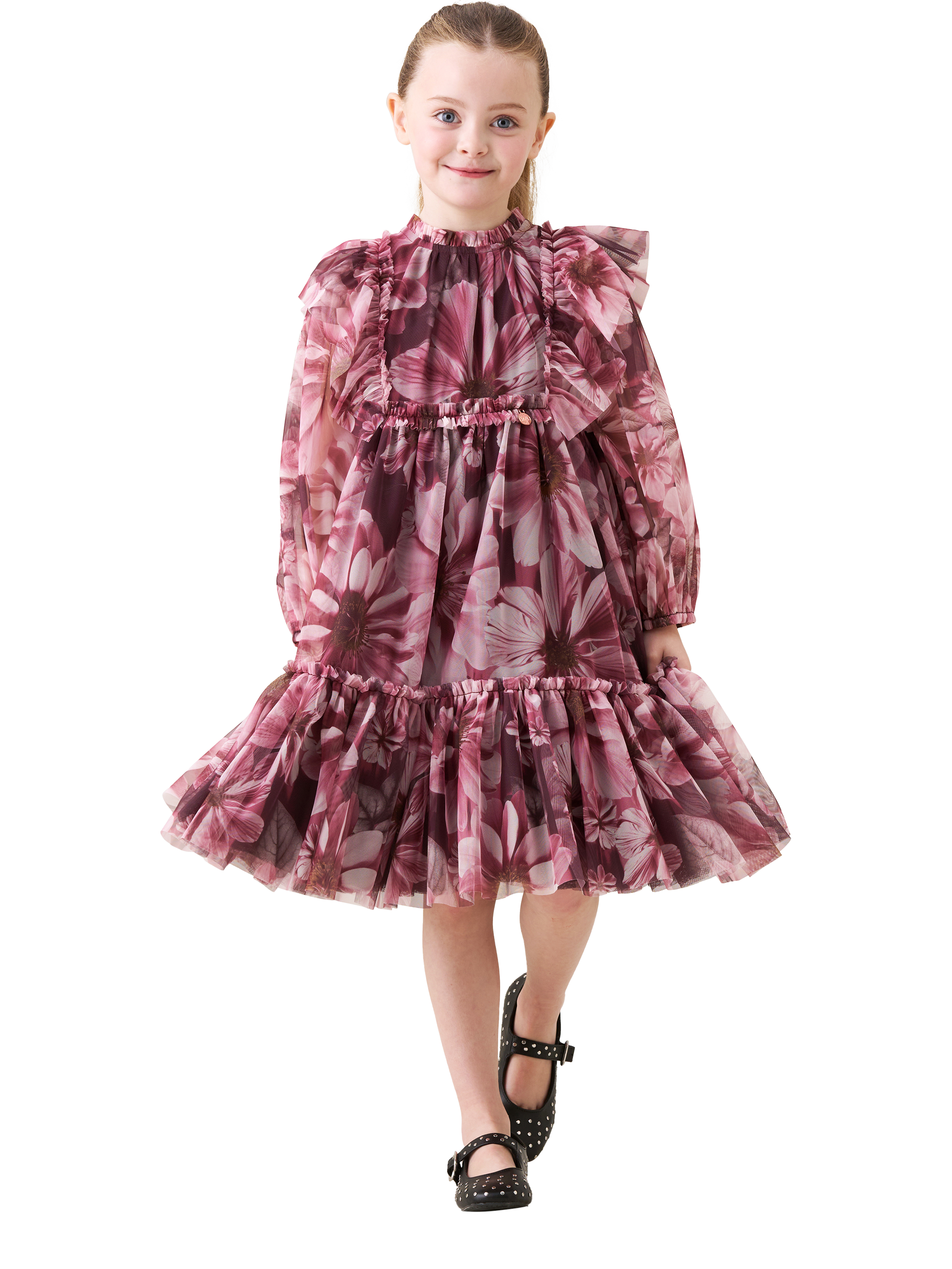 Product image 1 of 8, which shows Angel & Rocket Kids' Mesh Long Sleeved Floral Dress, Burgundy, 3 years