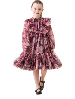 Angel & Rocket Kids' Mesh Long Sleeved Floral Dress, Burgundy, Burgundy
