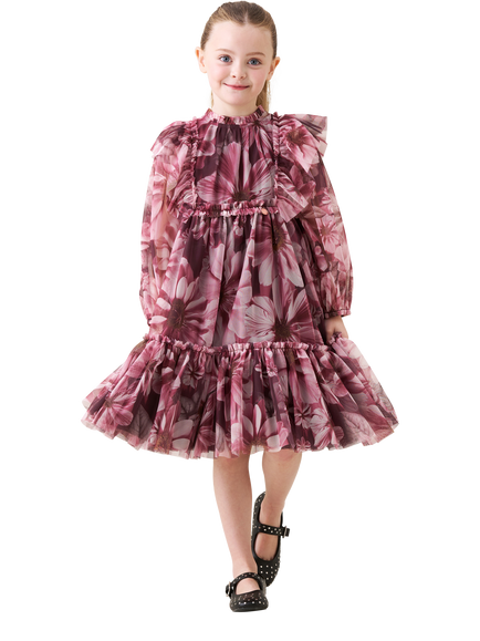 Angel & Rocket Kids' Mesh Long Sleeved Floral Dress, Burgundy, Burgundy