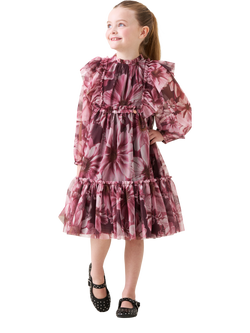 Angel & Rocket Kids' Mesh Long Sleeved Floral Dress, Burgundy - view 2, Burgundy