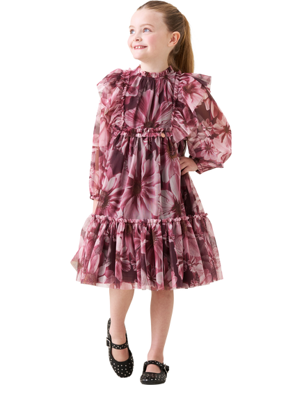 Angel & Rocket Kids' Mesh Long Sleeved Floral Dress, Burgundy - view 2, Burgundy