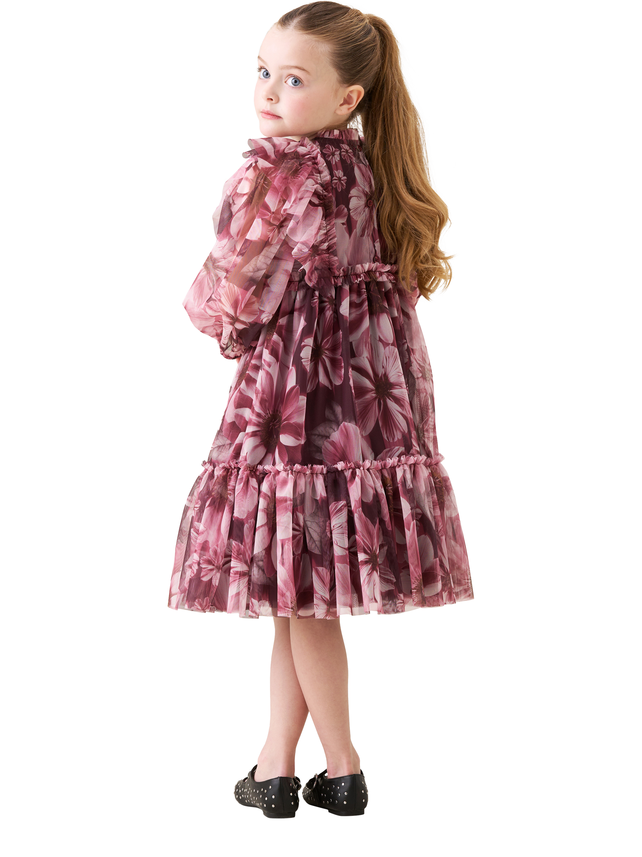 Product image 3 of 8, which shows Angel & Rocket Kids' Mesh Long Sleeved Floral Dress, Burgundy, 3 years