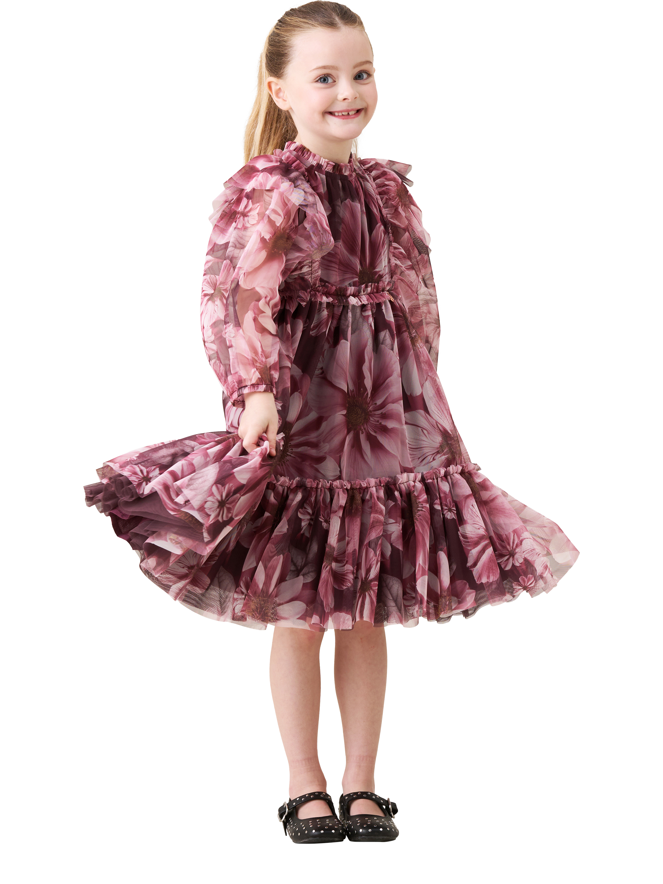 Product image 5 of 8, which shows Angel & Rocket Kids' Mesh Long Sleeved Floral Dress, Burgundy, 3 years