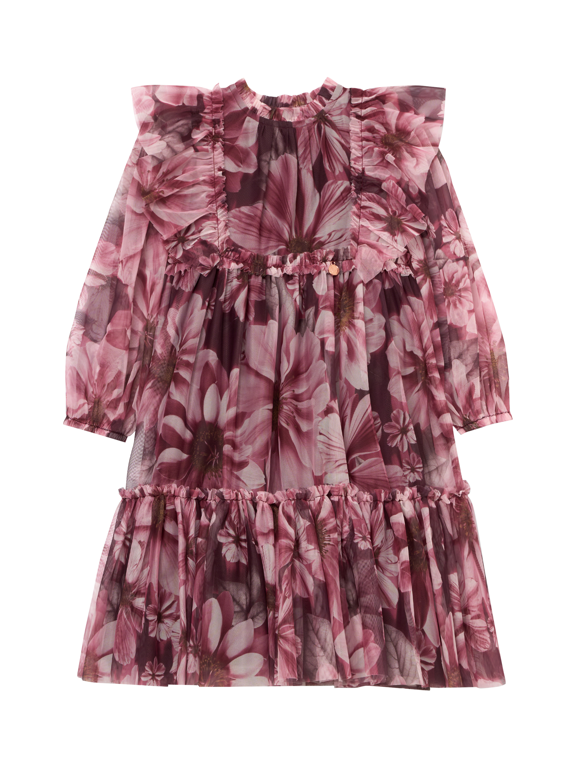 Product image 6 of 8, which shows Angel & Rocket Kids' Mesh Long Sleeved Floral Dress, Burgundy, 3 years