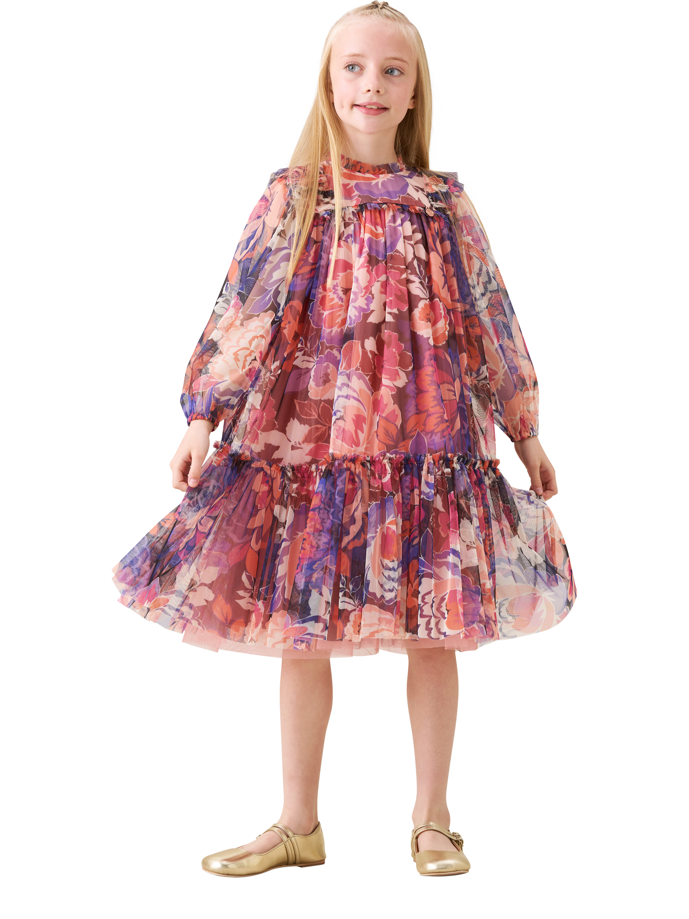 Product image 1 of 8, which shows Angel & Rocket Kids' Mesh Long Sleeved Floral Dress, Multi, 3 years