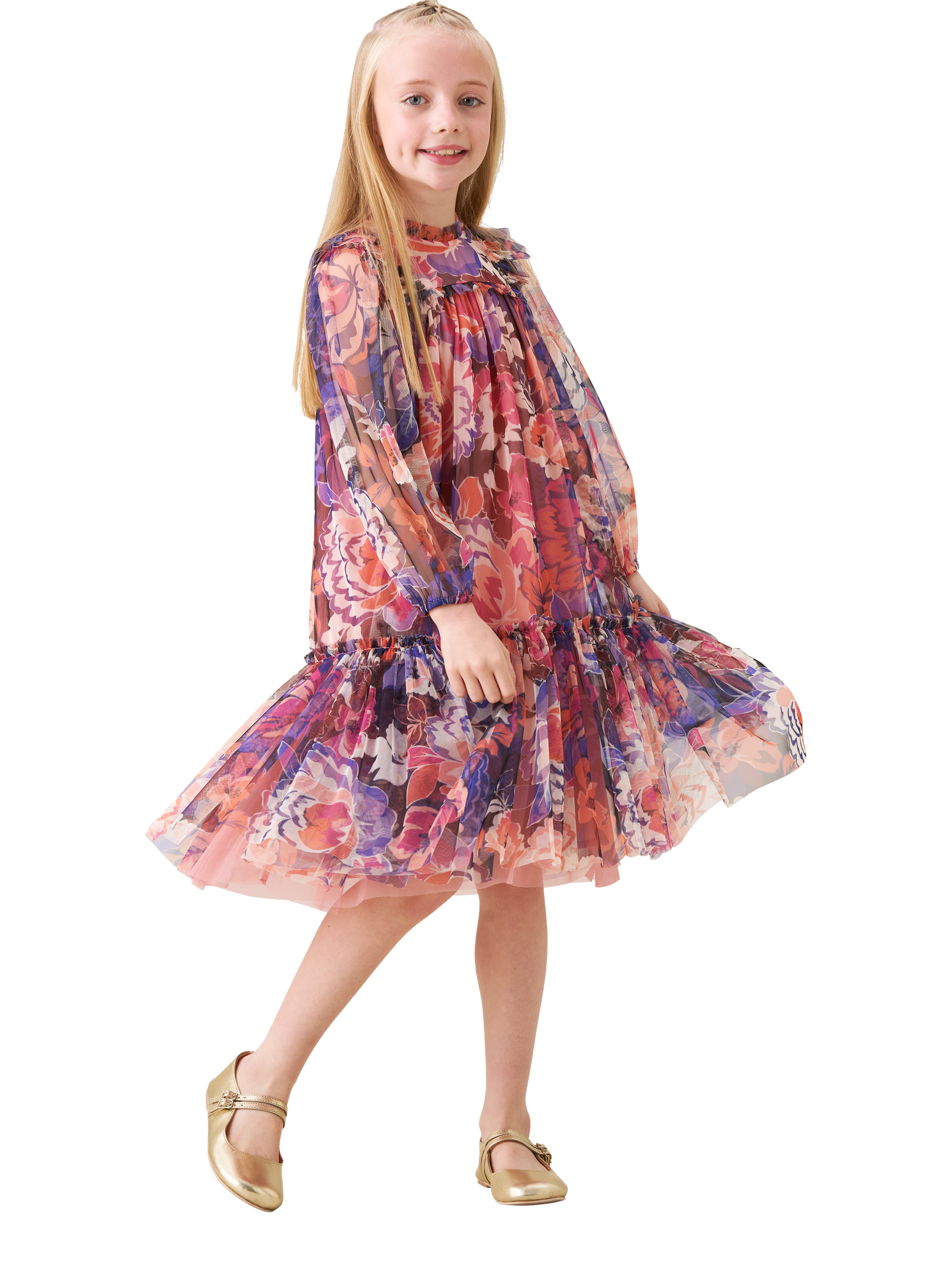 Product image 2 of 8, which shows Angel & Rocket Kids' Mesh Long Sleeved Floral Dress, Multi, 3 years