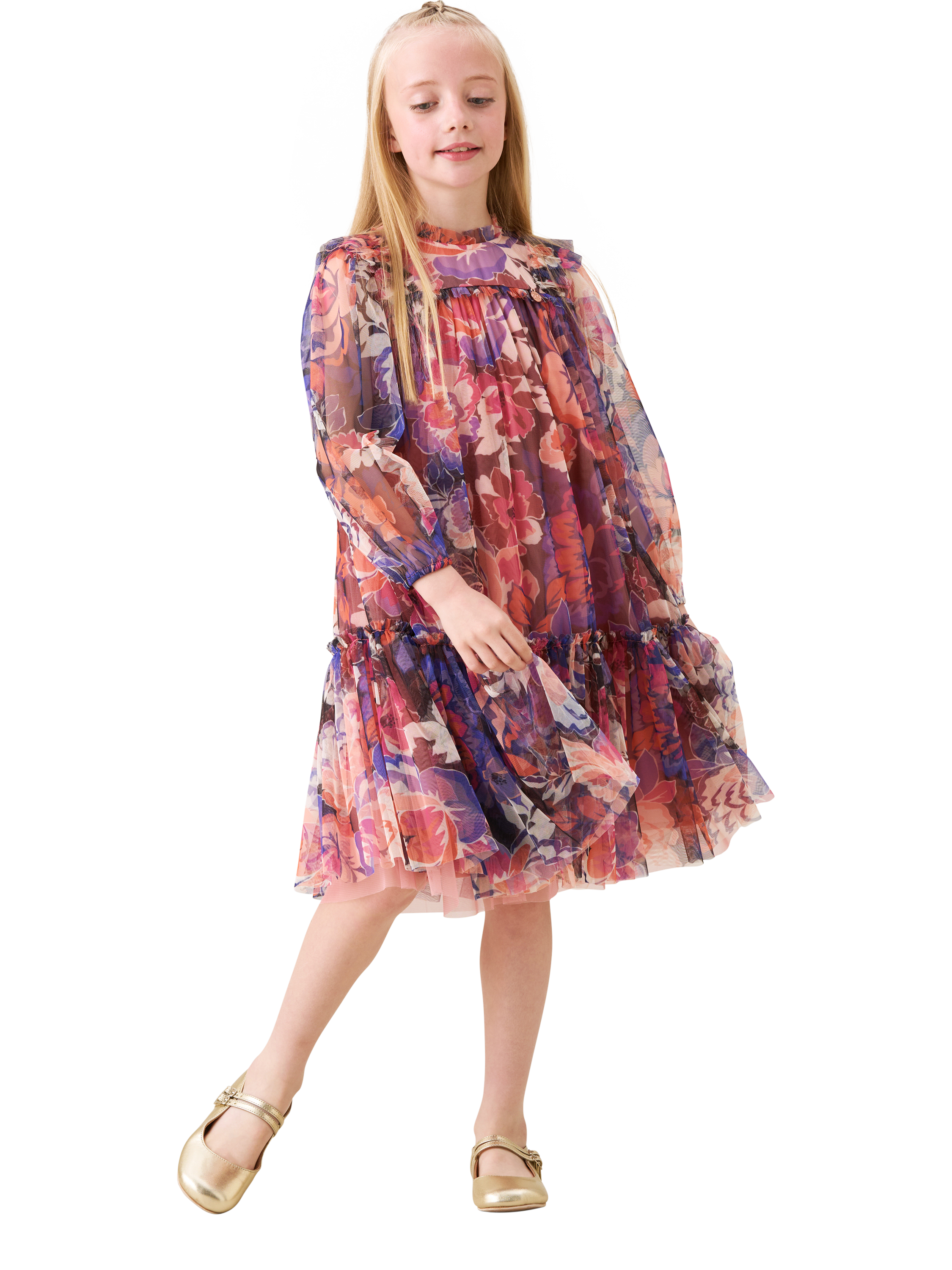 Product image 5 of 8, which shows Angel & Rocket Kids' Mesh Long Sleeved Floral Dress, Multi, 3 years