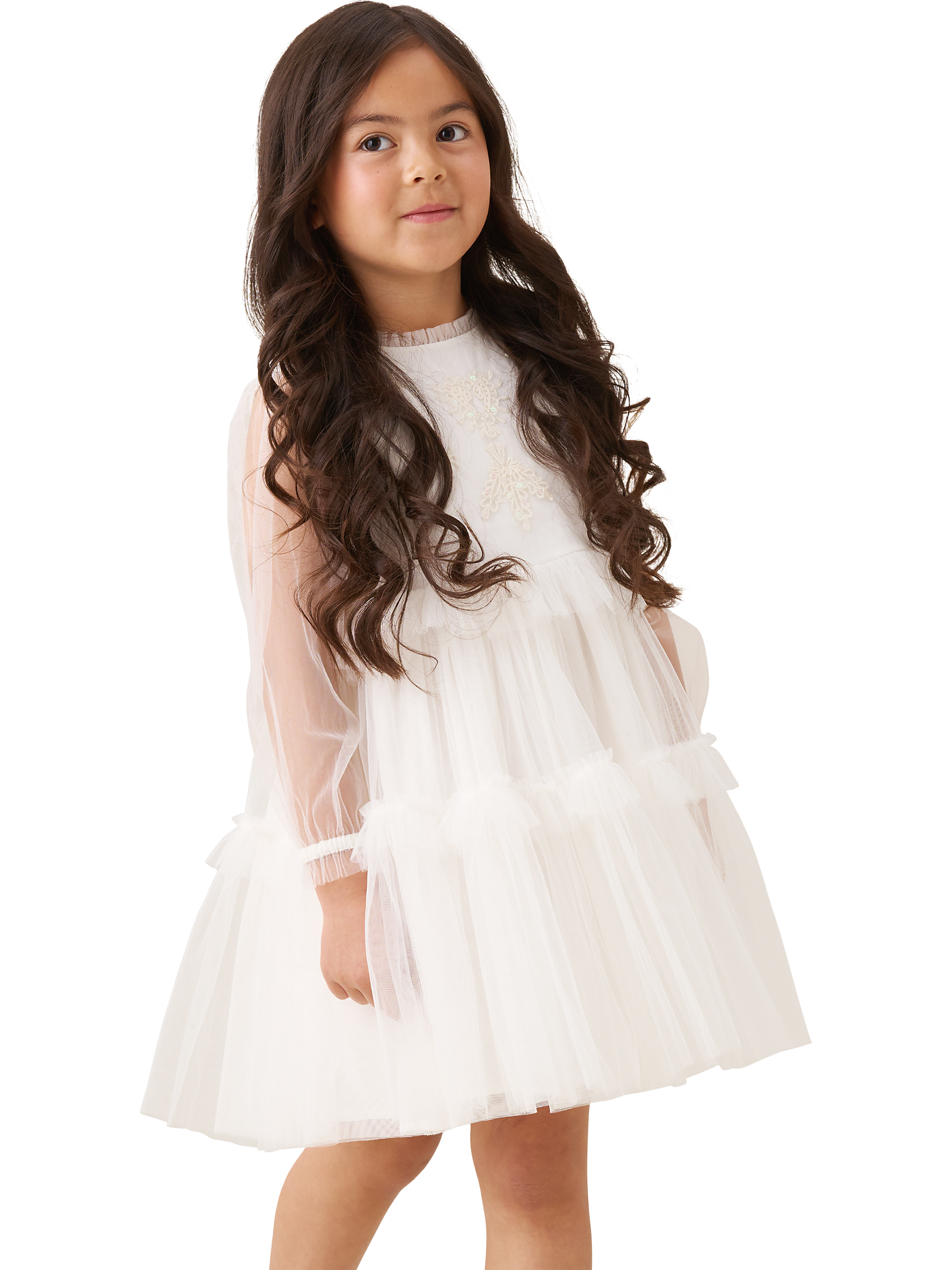 Product image 1 of 4, which shows Angel & Rocket Kids' Long Sleeved Tiered Mesh Dress, Ivory, 3 years