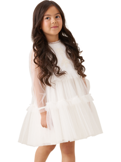 Angel & Rocket Kids' Long Sleeved Tiered Mesh Dress, Ivory, Ivory