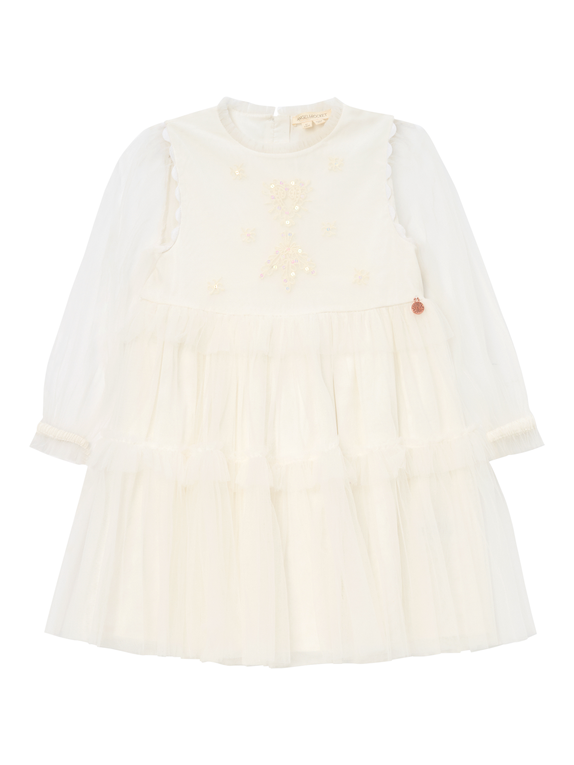 Product image 3 of 4, which shows Angel & Rocket Kids' Long Sleeved Tiered Mesh Dress, Ivory, 3 years