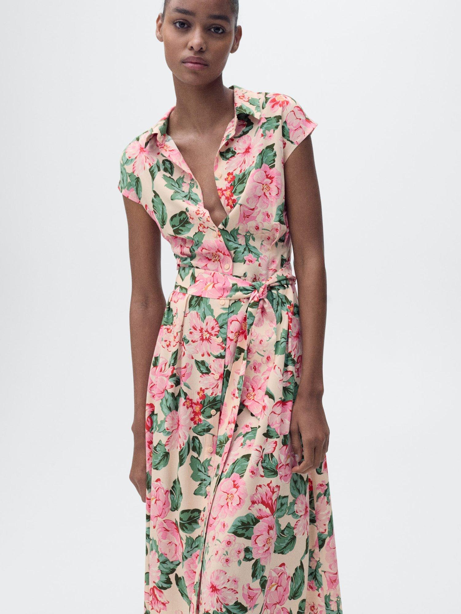 Product image 1 of 8, which shows Mango Belted Floral Abstract Print Midi Shirt Dress, Beige/Multi, 10