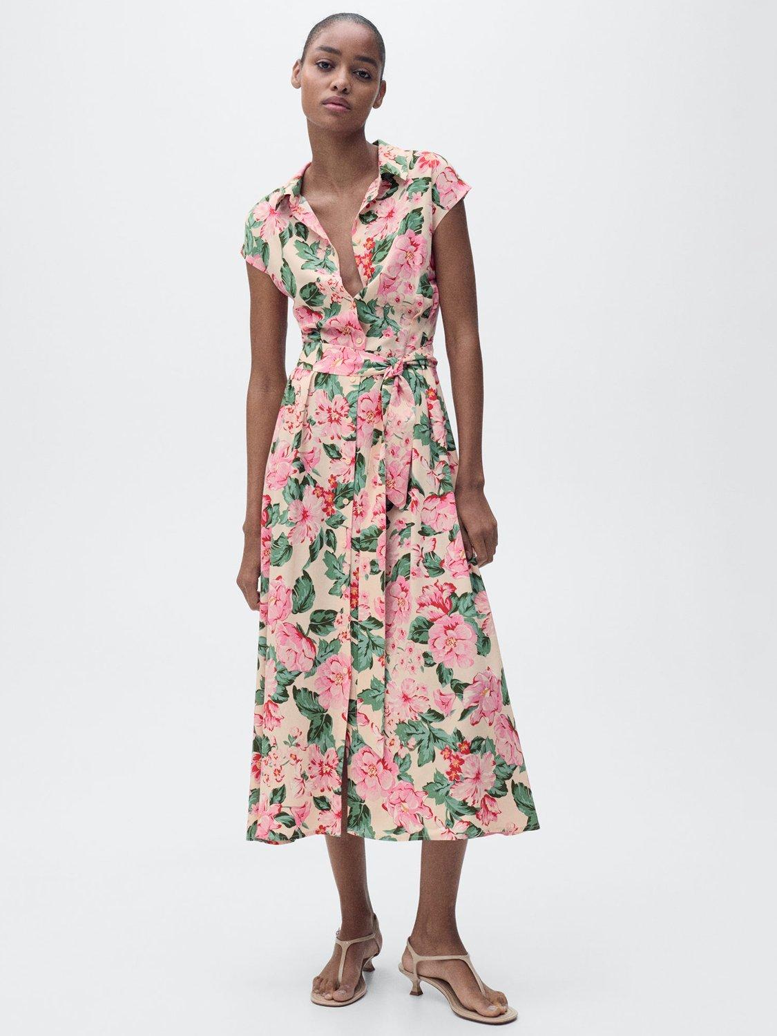 Product image 2 of 8, which shows Mango Belted Floral Abstract Print Midi Shirt Dress, Beige/Multi, 10