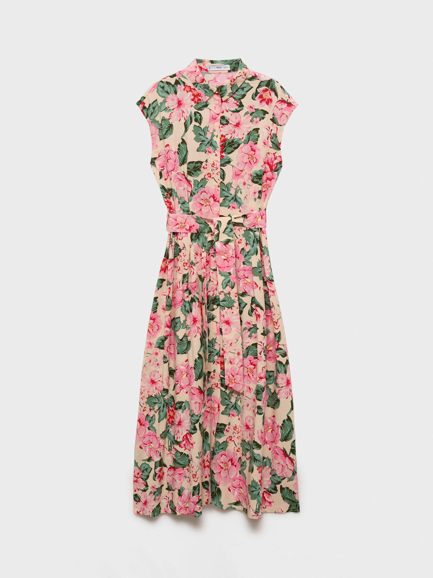 Product image 3 of 8, which shows Mango Belted Floral Abstract Print Midi Shirt Dress, Beige/Multi, 10