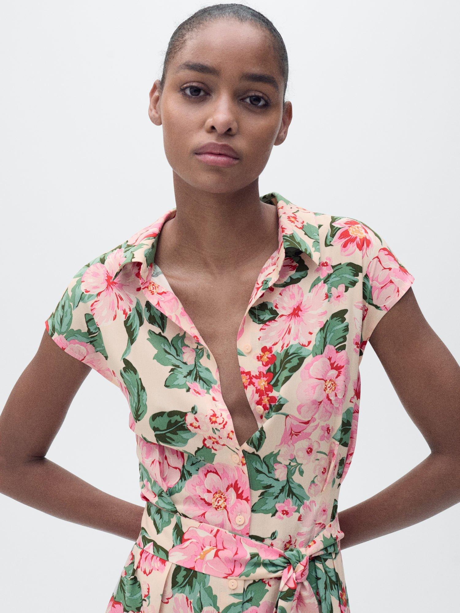 Product image 6 of 8, which shows Mango Belted Floral Abstract Print Midi Shirt Dress, Beige/Multi, 10