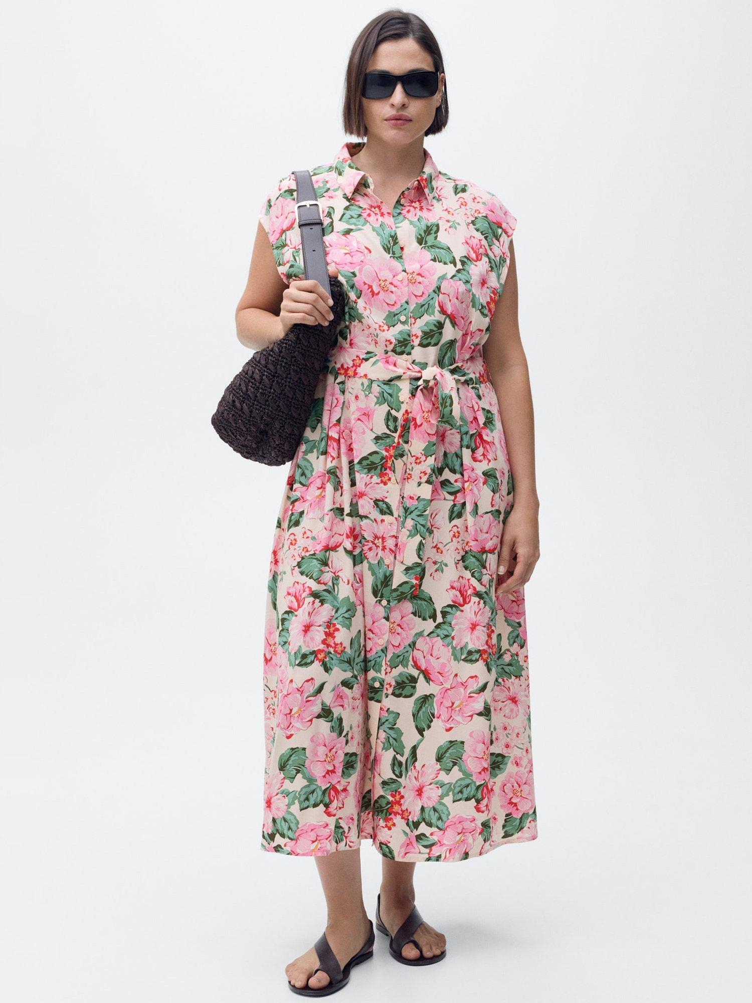 Product image 7 of 8, which shows Mango Belted Floral Abstract Print Midi Shirt Dress, Beige/Multi, 10
