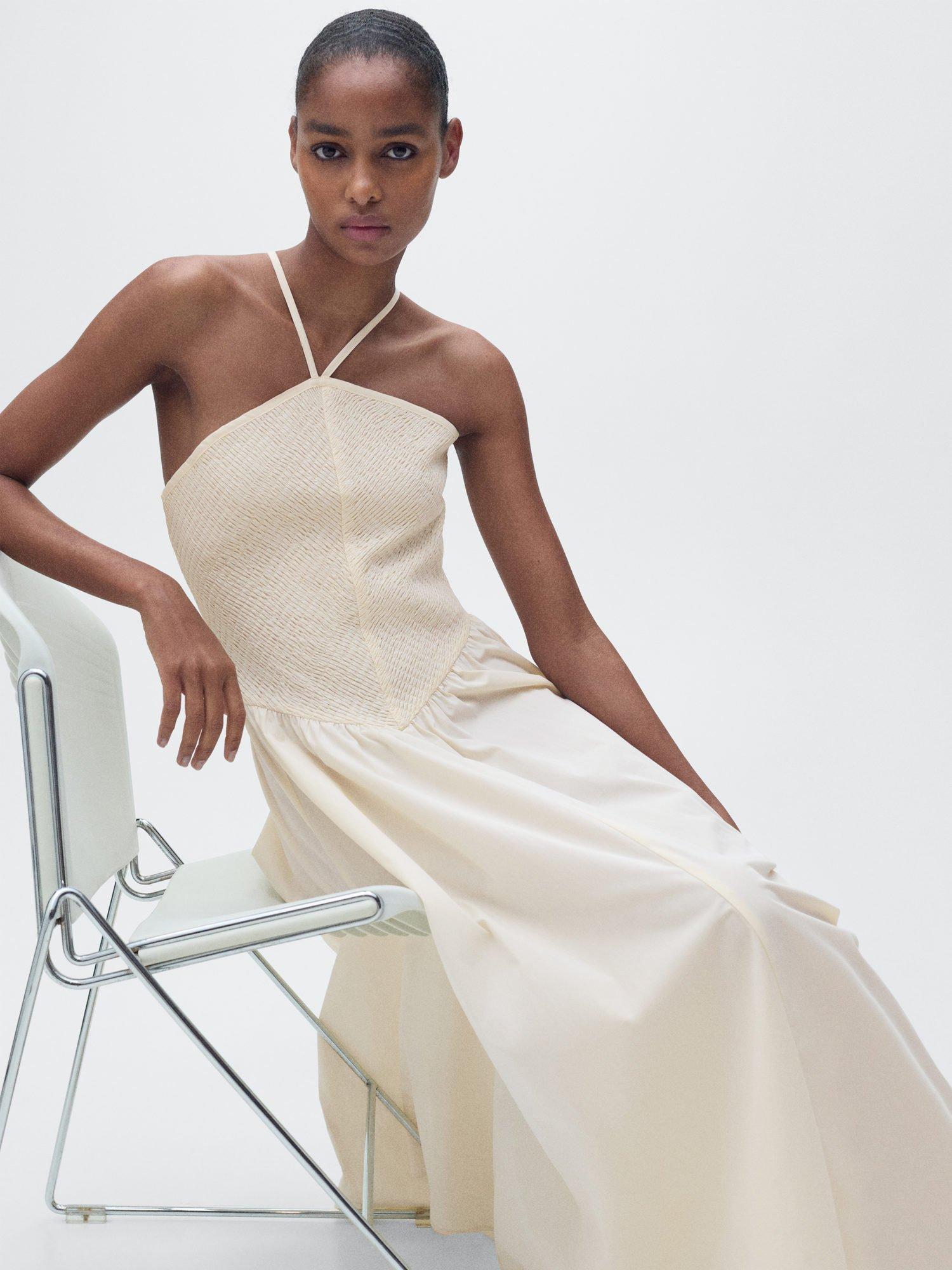 Product image 1 of 8, which shows Mango Fede Cotton Blend Ruched Midi Dress, Light Beige, 6
