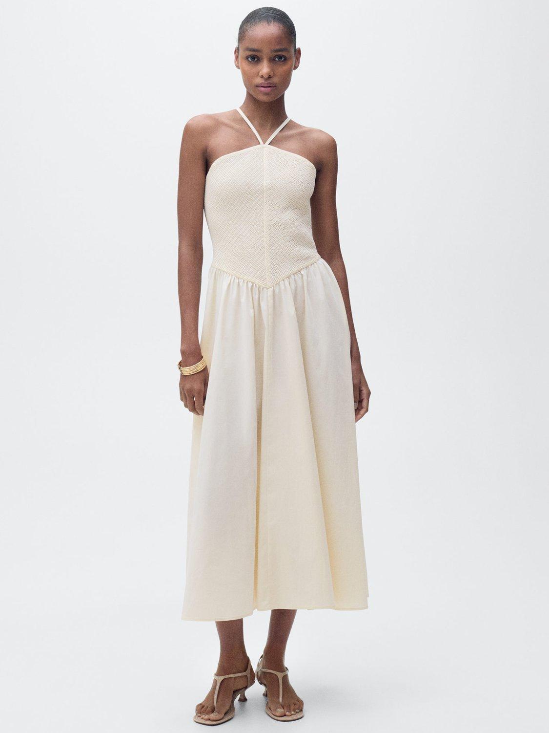 Product image 2 of 8, which shows Mango Fede Cotton Blend Ruched Midi Dress, Light Beige, 6