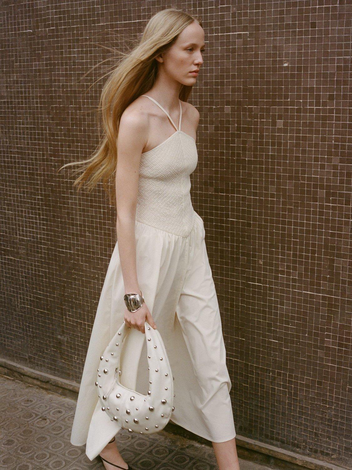 Product image 8 of 8, which shows Mango Fede Cotton Blend Ruched Midi Dress, Light Beige, 6