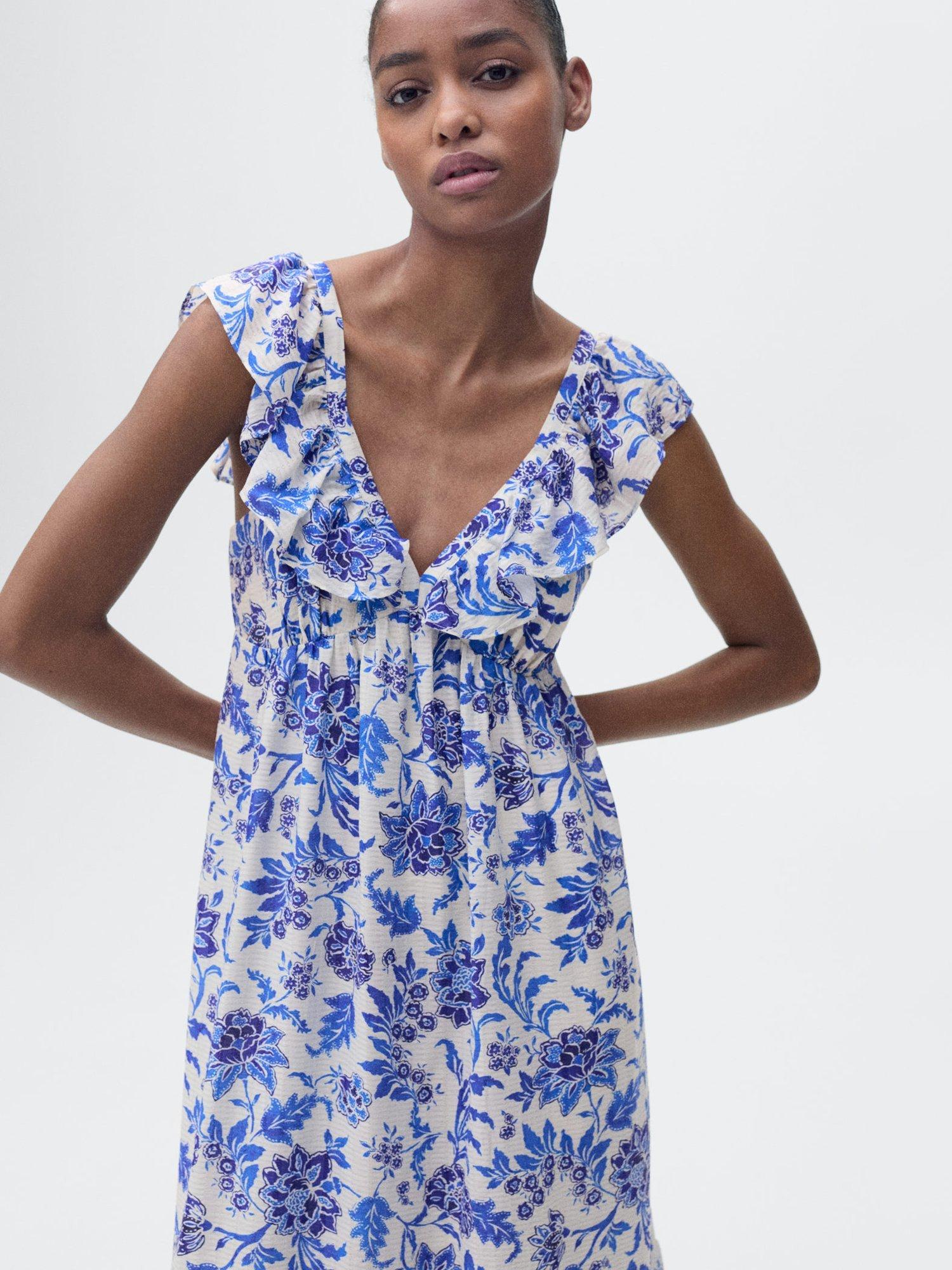 Product image 1 of 8, which shows Mango Ramona Floral Dress, Medium Blue, 10