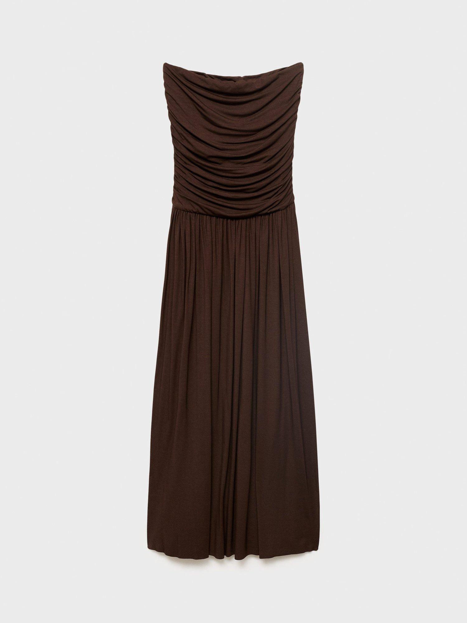 Product image 3 of 8, which shows Mango Owl Ruched Bandeau Neck Dress, Brown, 10