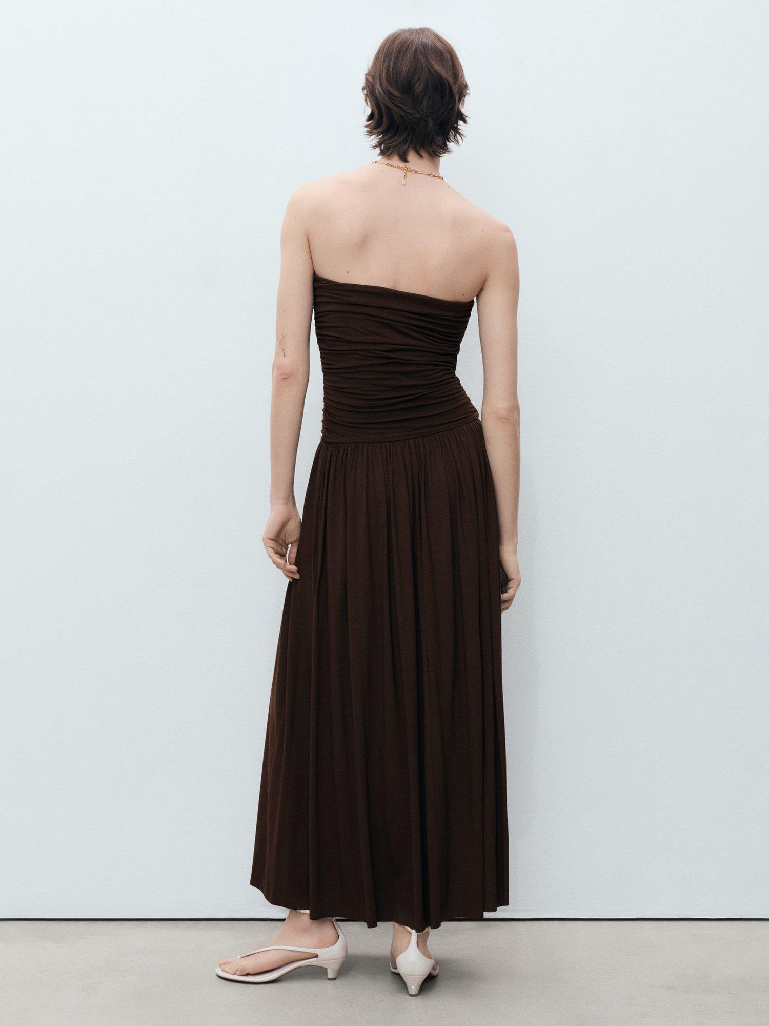 Product image 4 of 8, which shows Mango Owl Ruched Bandeau Neck Dress, Brown, 10