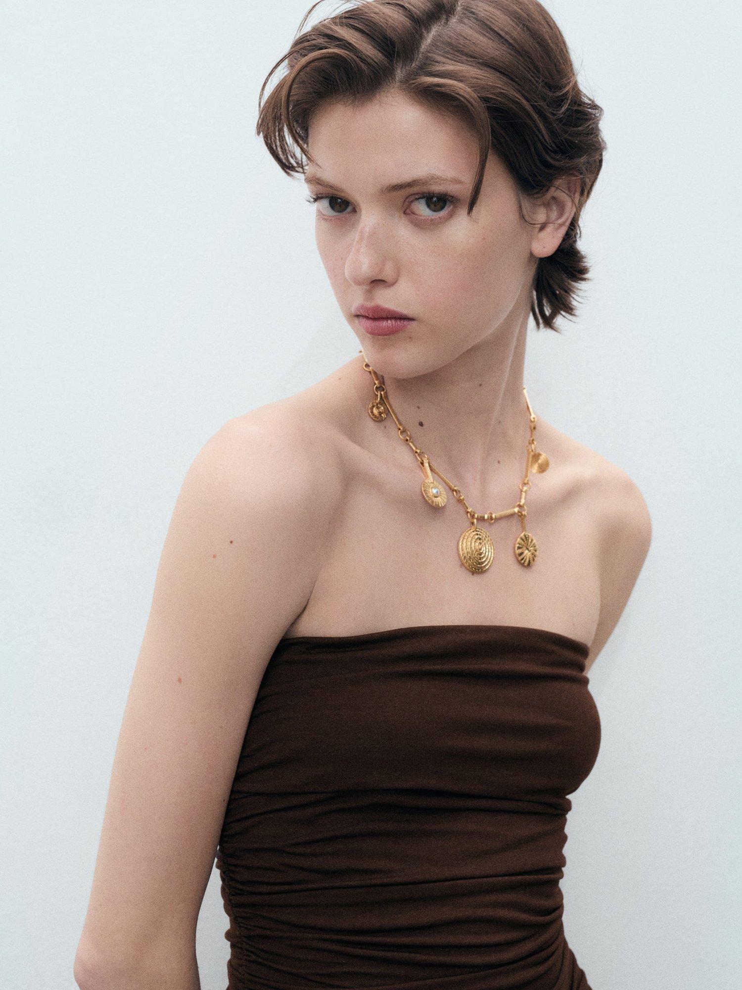 Product image 6 of 8, which shows Mango Owl Ruched Bandeau Neck Dress, Brown, 10