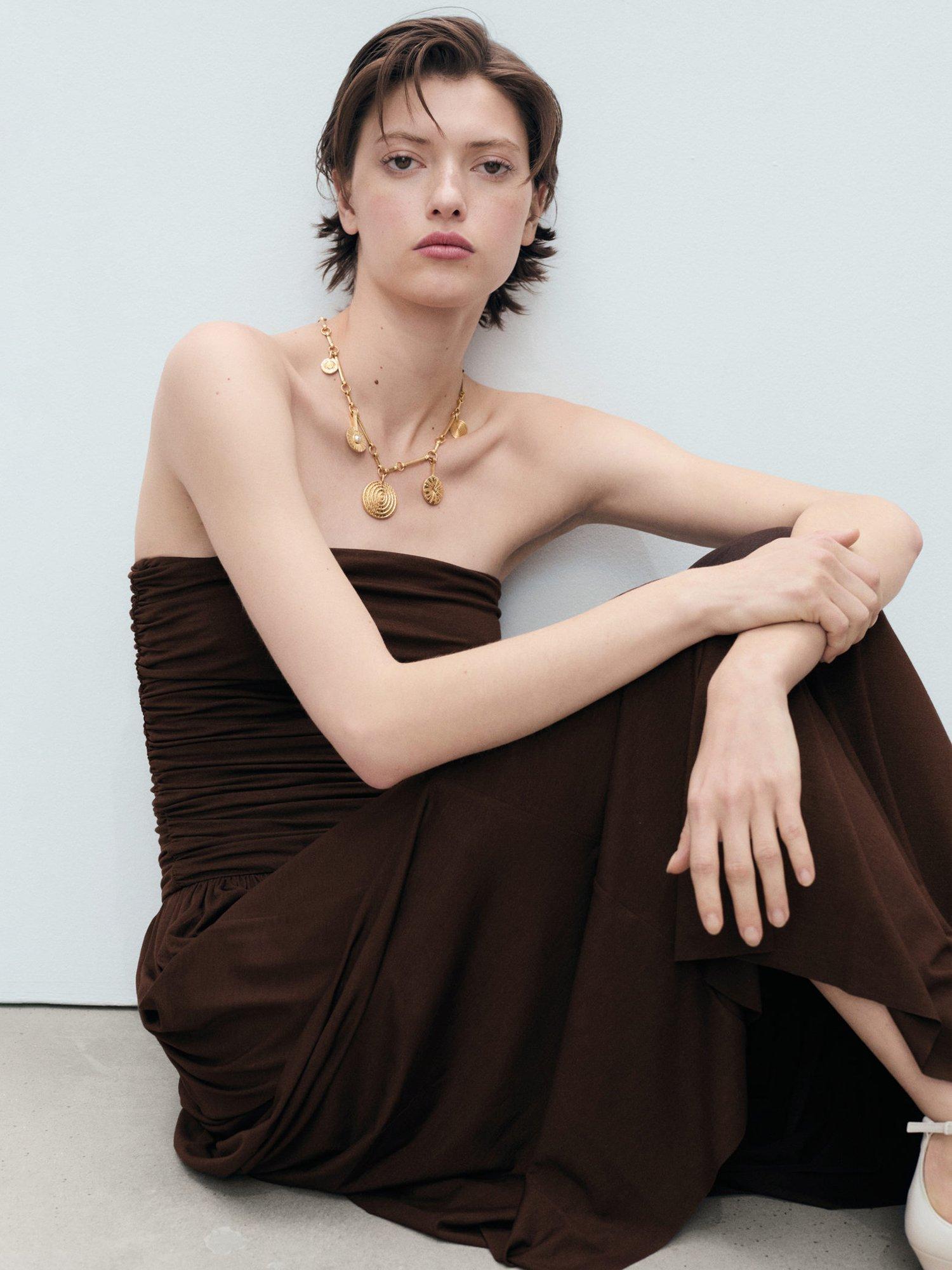 Product image 7 of 8, which shows Mango Owl Ruched Bandeau Neck Dress, Brown, 10