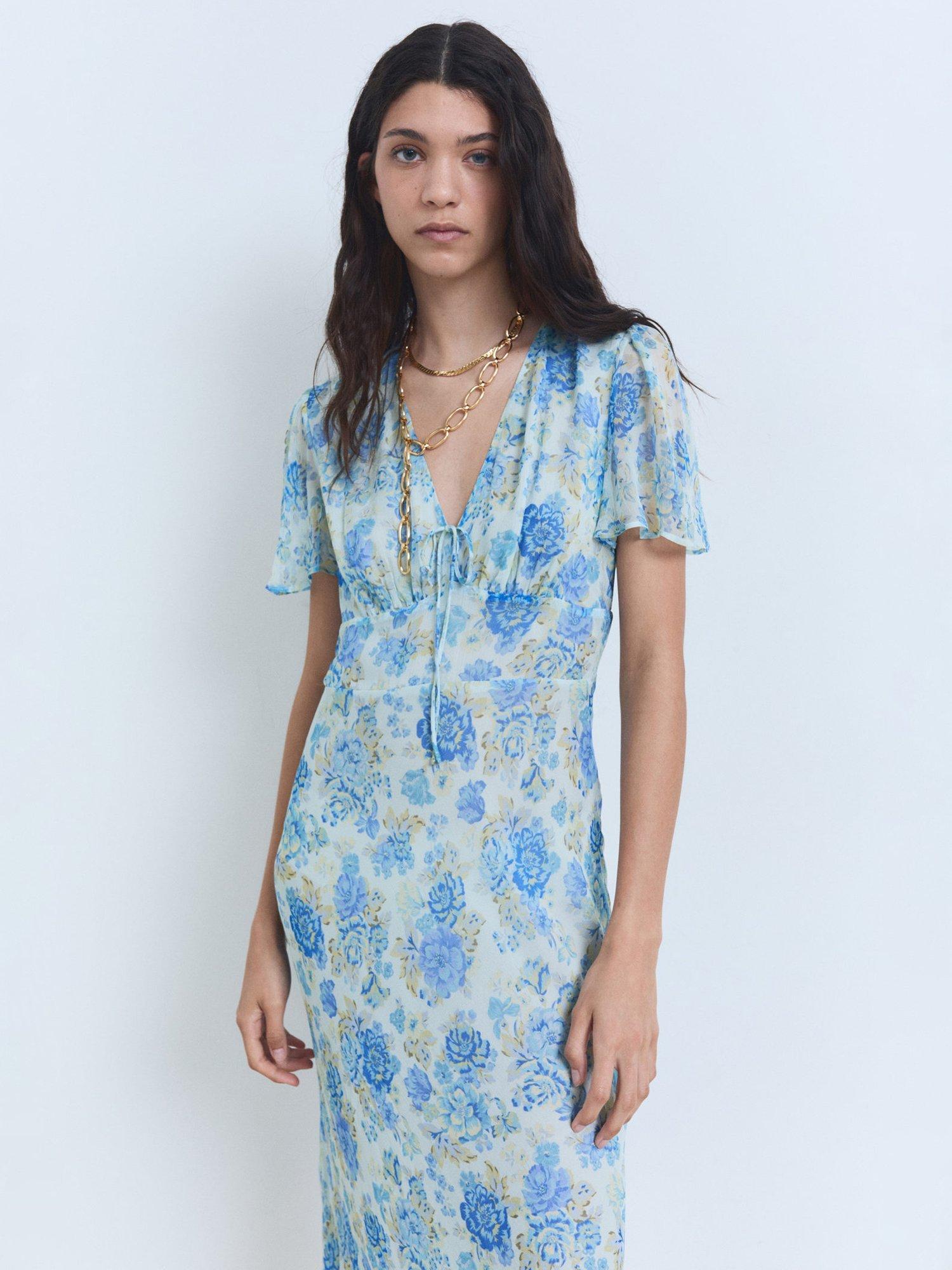 Product image 1 of 7, which shows Mango Ronaldi Floral Tea Dress, Medium Blue, 10