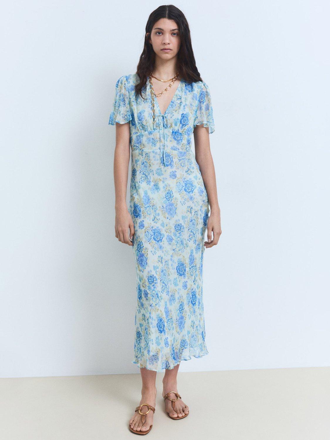 Product image 2 of 7, which shows Mango Ronaldi Floral Tea Dress, Medium Blue, 10