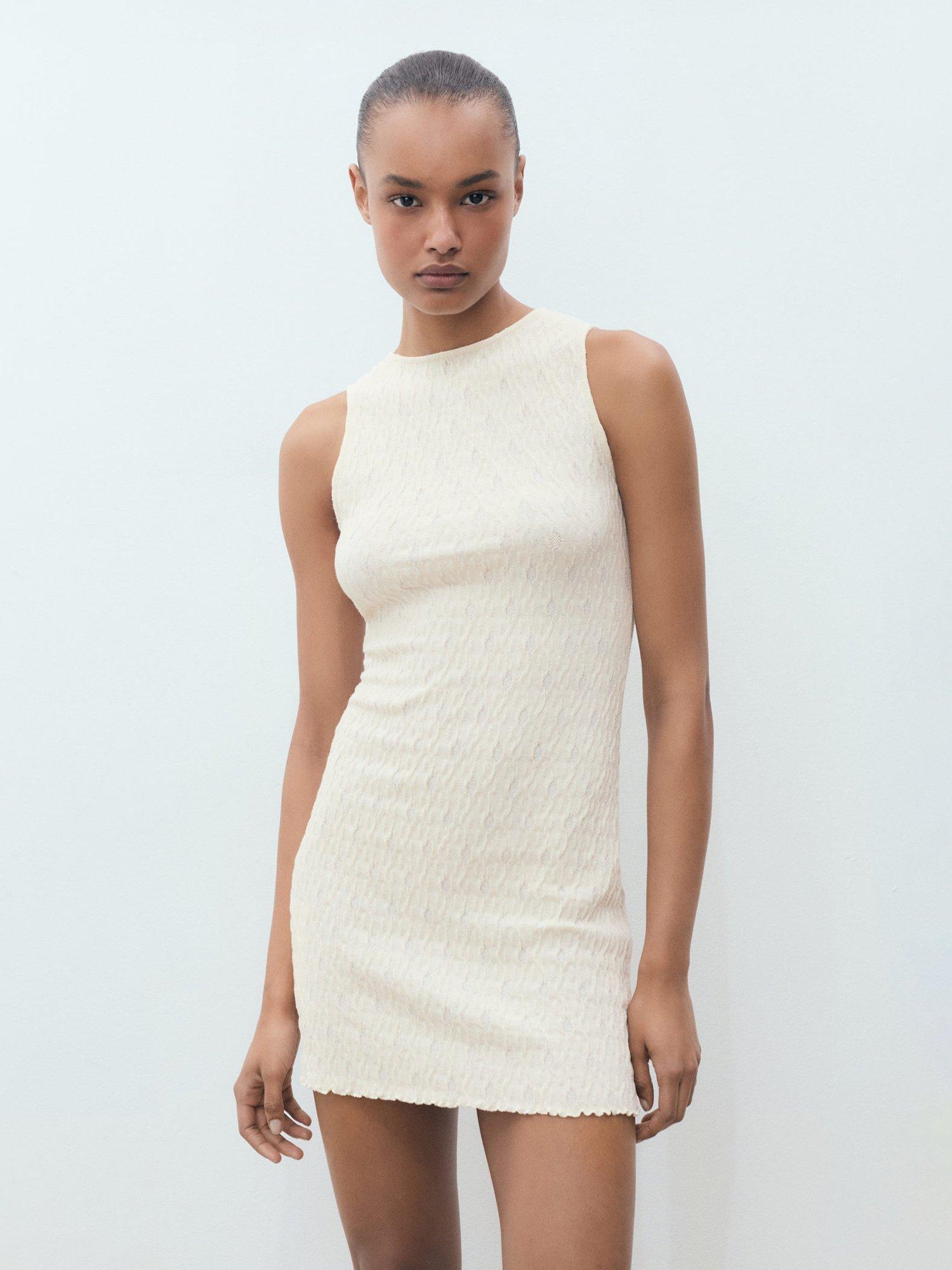 Product image 1 of 7, which shows Mango Ria Textured Knit Mini Dress, Light Beige, 10